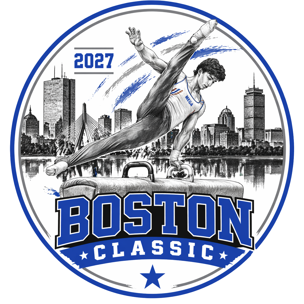 A graphic design featuring a male gymnast performing a handstand on a pommel horse with a city skyline background, the text 'Boston Classic' and the year '2027'.