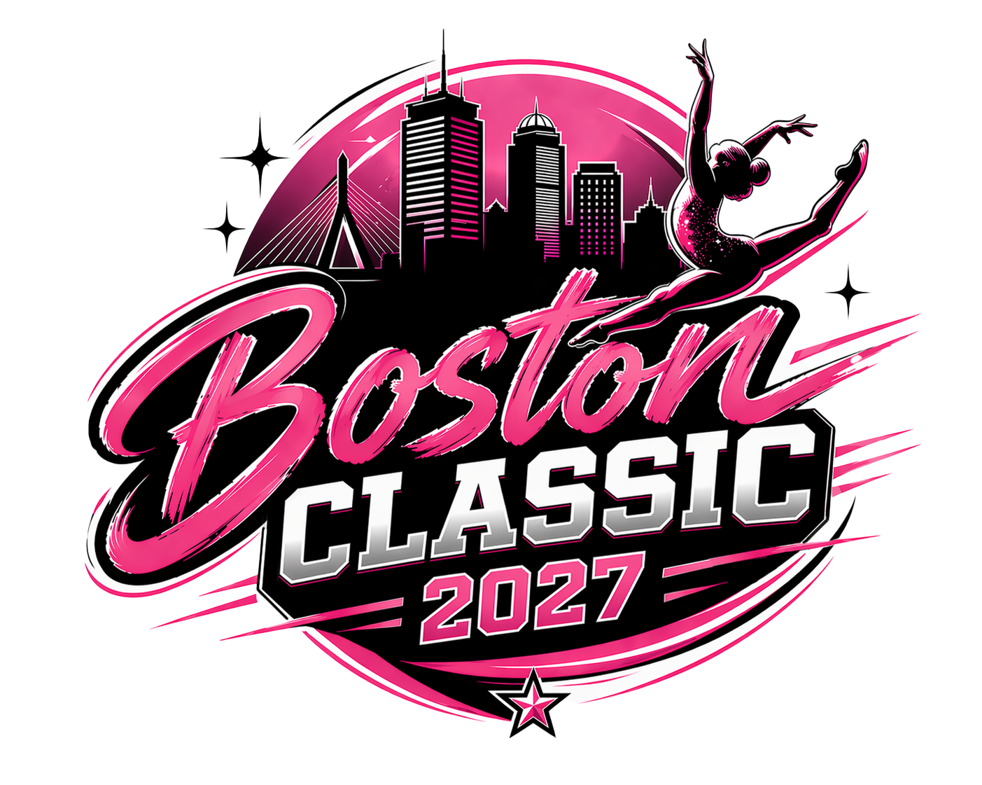 Logo for Boston Classic 2027 featuring a silhouette of Boston skyline, a gymnast performing a split leap, with pink and black color scheme and decorative stars.