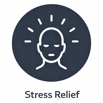 Icon of a person's face with lines radiating outward, indicating stress or relief, with the text 'Stress Relief' below.