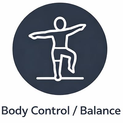Icon of a person balancing on one leg with arms outstretched, inside a dark circle, with the text 'Body Control / Balance' below.