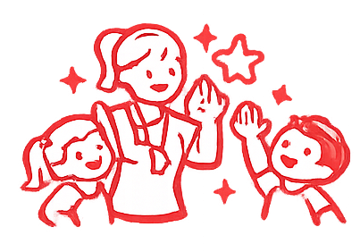 A drawing of a woman with two children, all smiling and waving, surrounded by stars.