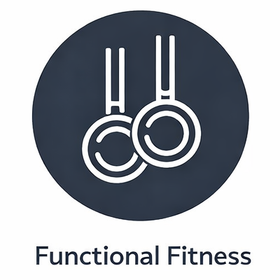 Logo with two stylized hanging kettlebells and the text 'Functional Fitness' underneath.