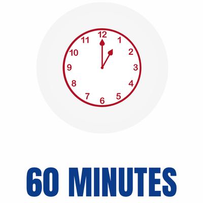 An analog clock showing 12:02, with the text '60 MINUTES' in bold blue letters beneath it.