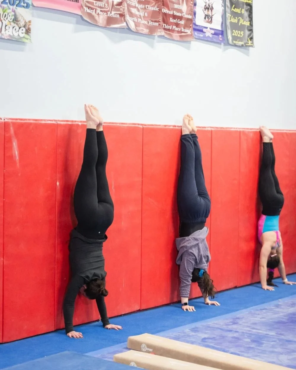 Three gymnasts performing handstands against a padded wall in a gym. They are on a blue mat, with medals hanging on the wall above.