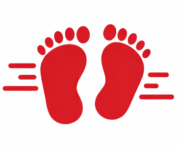 Red footprints with motion lines indicating movement.