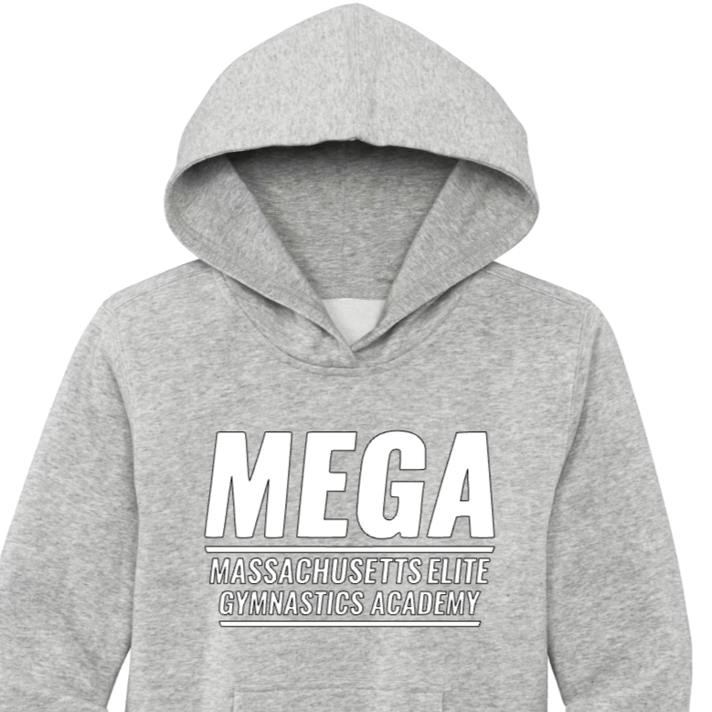 Gray hoodie with the text 'MEGA Massachusetts Elite Gymnastics Academy' printed on the front.