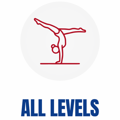 A line drawing of a person performing a handstand with legs spread apart, with the text "ALL LEVELS" below.