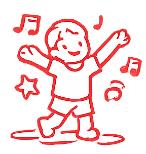 A cartoon of a happy child dancing with music notes, stars, and a smiling face.