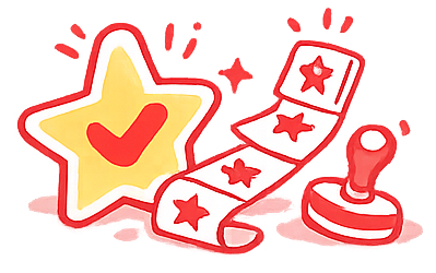 A sticker of a yellow star with a red checkmark, a toy ticket with red stars, and a red stamp on a pink background.