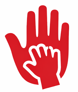 Red and white graphic of a large hand with a smaller hand inside it, symbolizing care or protection.