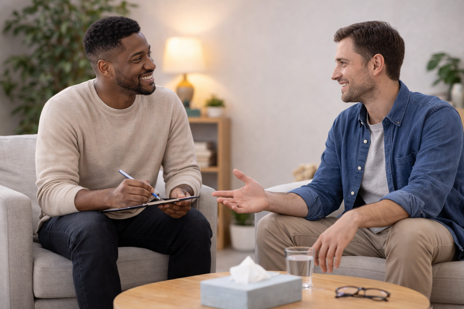 Two men having a friendly conversation in a cozy living room, sitting on sofas, with a table and glasses of water in between.