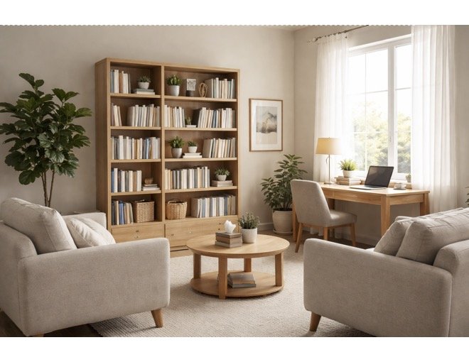 Cozy living room with beige armchairs, a round wooden coffee table, a large bookshelf filled with books and decor, a desk with a laptop, a white chair, a tall potted plant, and a window with white curtains allowing natural light.