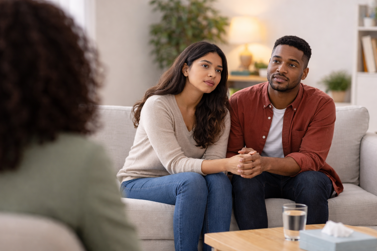 A woman and a man sitting close together on a beige couch, holding hands, during a conversation with a therapist in a cozy room.