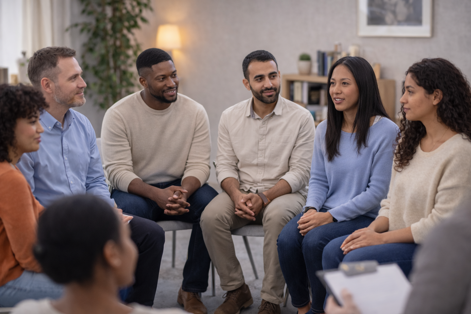 A diverse group of people sitting in a circle having a conversation in a cozy room.