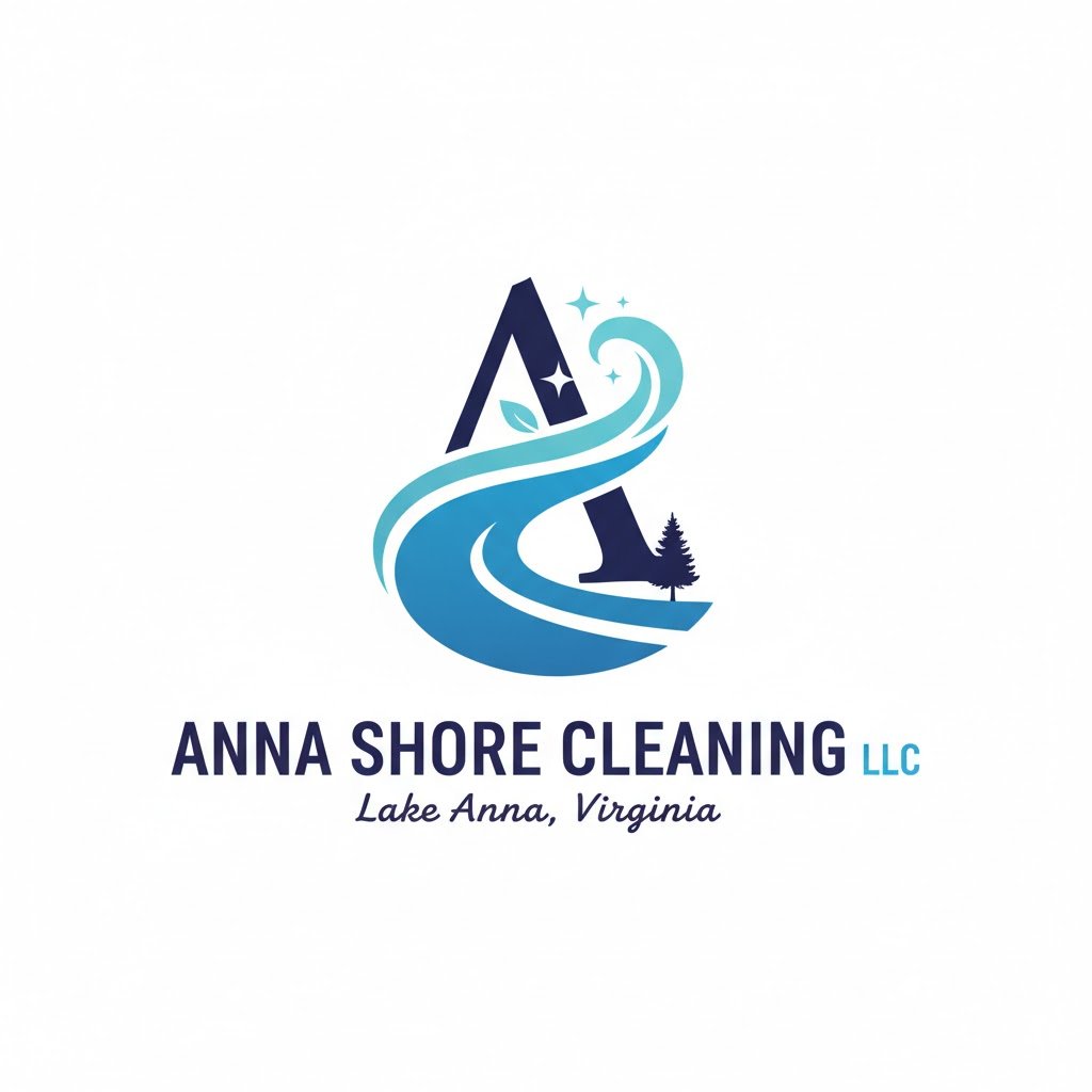 Logo for Anna Shore Cleaning LLC featuring a stylized letter 'A' integrated with a river, a pine tree, and sparkling stars, with text indicating location at Lake Anna, Virginia.