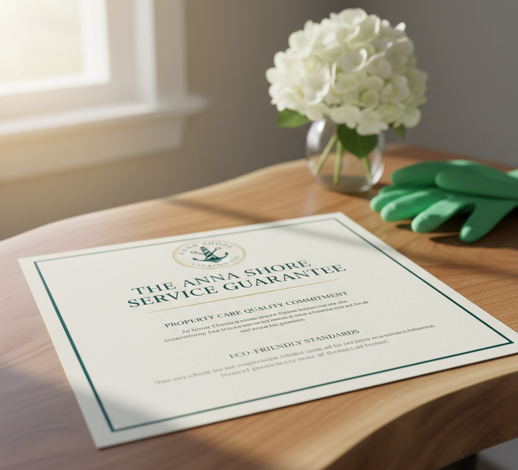 A service guarantee document titled 'The Anna Shore Service Guarantee' on a wooden table, with a vase of white flowers and green gardening gloves nearby, near a window letting in natural light.
