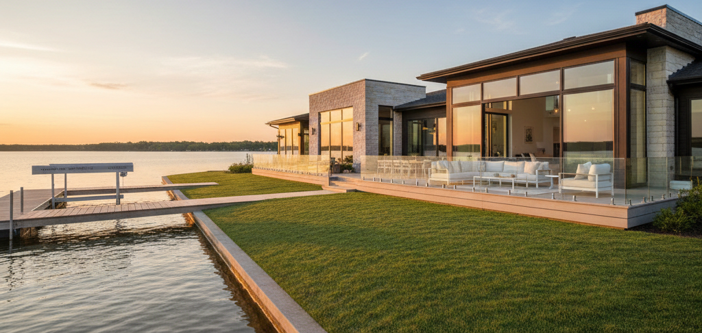 Modern house by the water with a lawn, deck, and outdoor seating area at sunset.