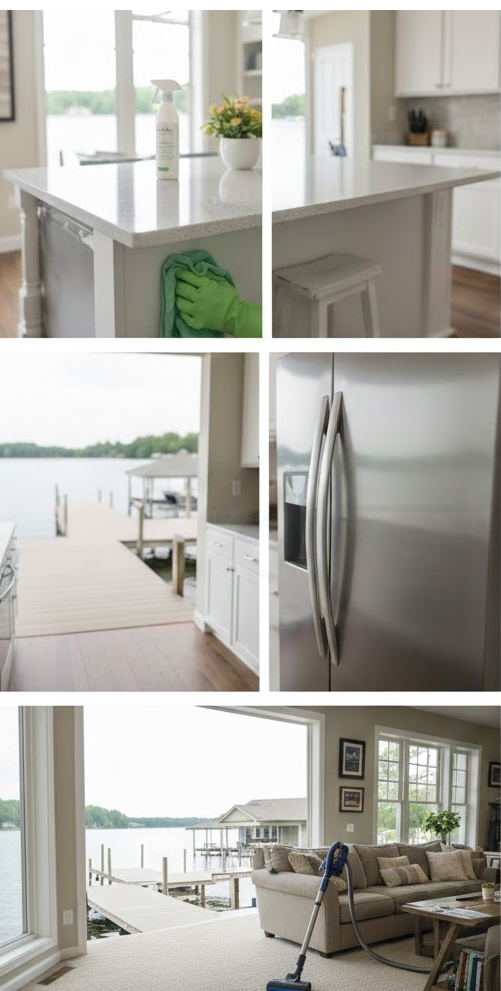 Living room and kitchen with waterfront view, kitchen island with cleaning spray bottle and green gloves, refrigerator, patio with dock, and a vacuum cleaner.