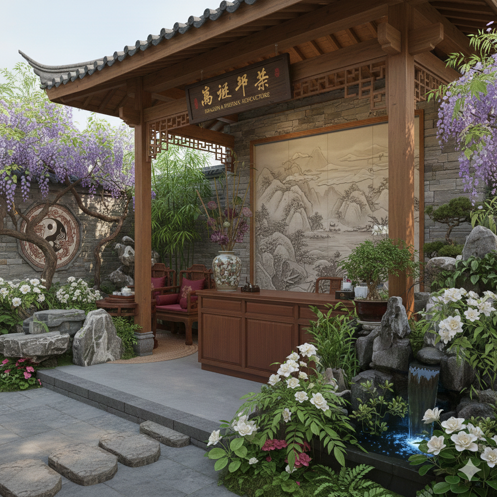 Traditional Asian garden with wooden pavilion, flowering trees, rocks, water feature, and seating area.