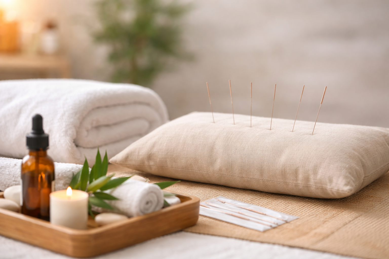 A massage therapy scene with a beige pillow containing acupuncture needles, a tray with essential oils, rolled white towels, a small lit candle, and green leaves on a soft surface in a calm setting.
