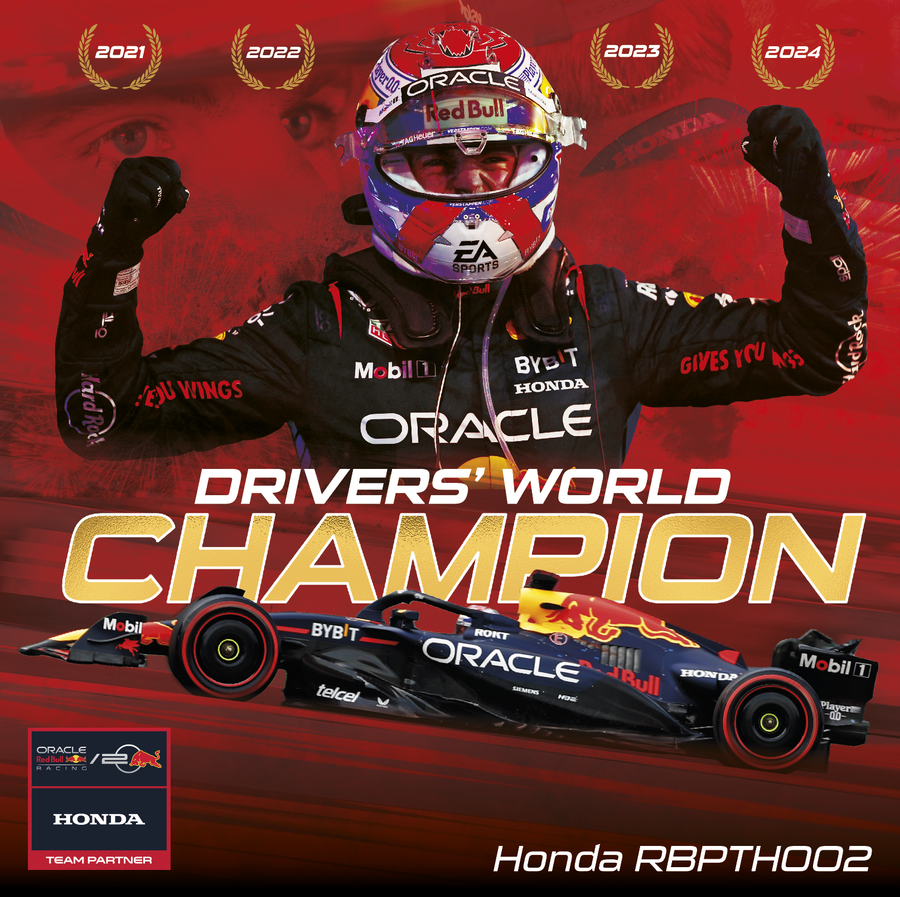 A Formula 1 race car with sponsor logos, including Red Bull and Oracle, on a racetrack. In the background, a racing driver in a black racing suit with red and white sponsor logos is celebrating with their arms raised. The text reads 'Drivers' World Champion', with the years 2021 through 2024 above, and the bottom left corner displays the Oracle Red Bull Racing logo and the label 'Honda'. The driver's name 'Honda RBPTH002' is at the bottom right.