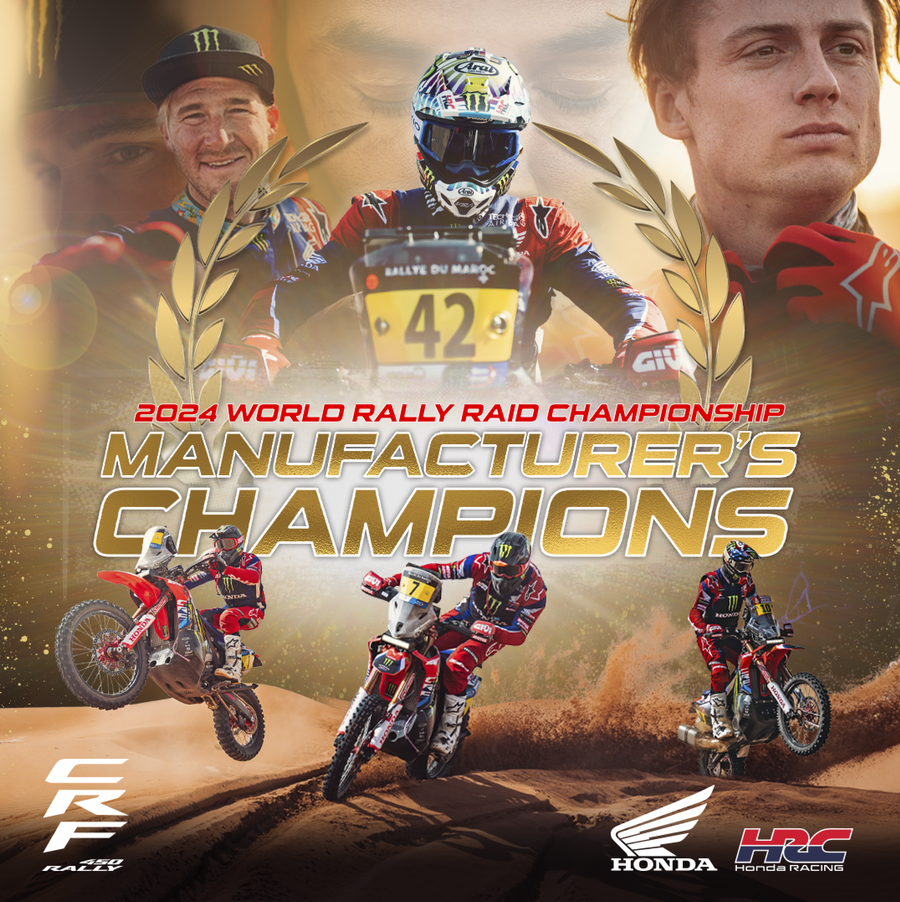 Championship collage celebrating the 2024 World Rally Raid Championship with motorcycle racers, a rider with helmet number 42, and the text 'Manufacturer's Champions' for Honda Racing Corporation.