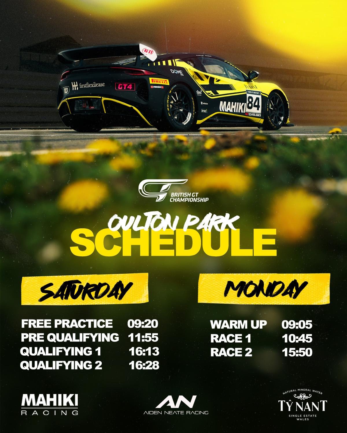 Schedule poster for the Oulton Park British GT Championship with race times for Saturday and Monday, featuring a yellow and black racing car at night in the background.