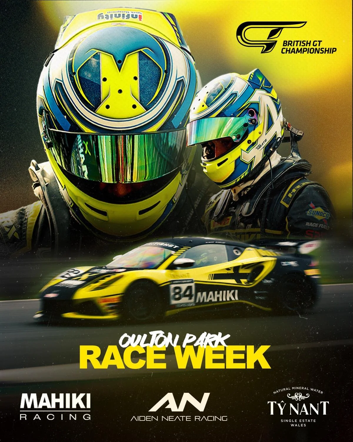 Poster for Oulton Park Race Week featuring a large racing helmet, a racing driver wearing a helmet, and a yellow and black race car with the number 84. Includes logos for Mahiki Racing, Aiden Neate Racing, and Ty Nant Natural Mineral Water.