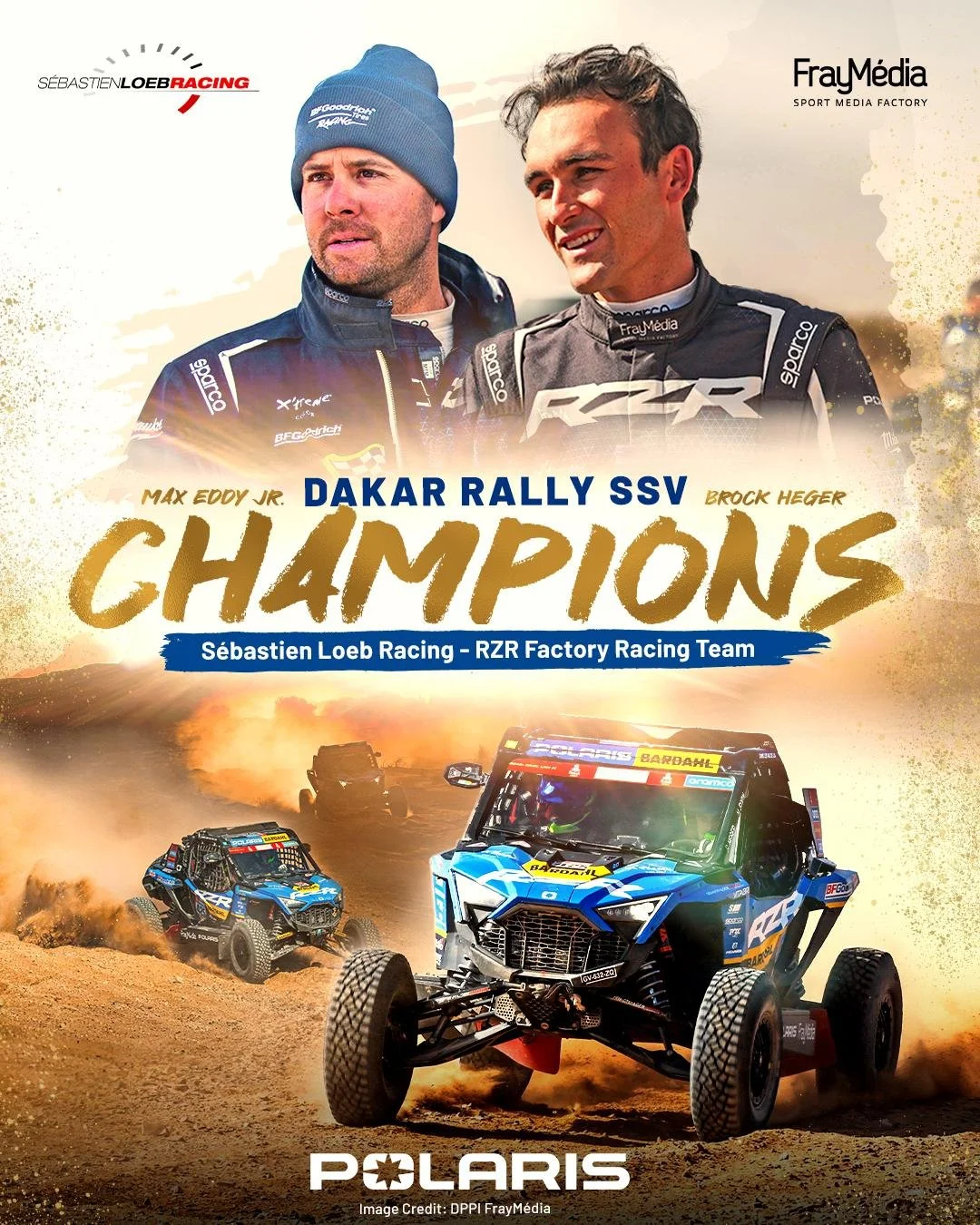Image of two rally drivers, Max Eddy Jr. and Brock Heger, in racing suits, smiling. Below them, a desert scene with Polaris rally vehicles kicking up dust during a race, with the Polaris logo at the bottom. The text celebrates their championship win at the Dakar Rally SSV event.