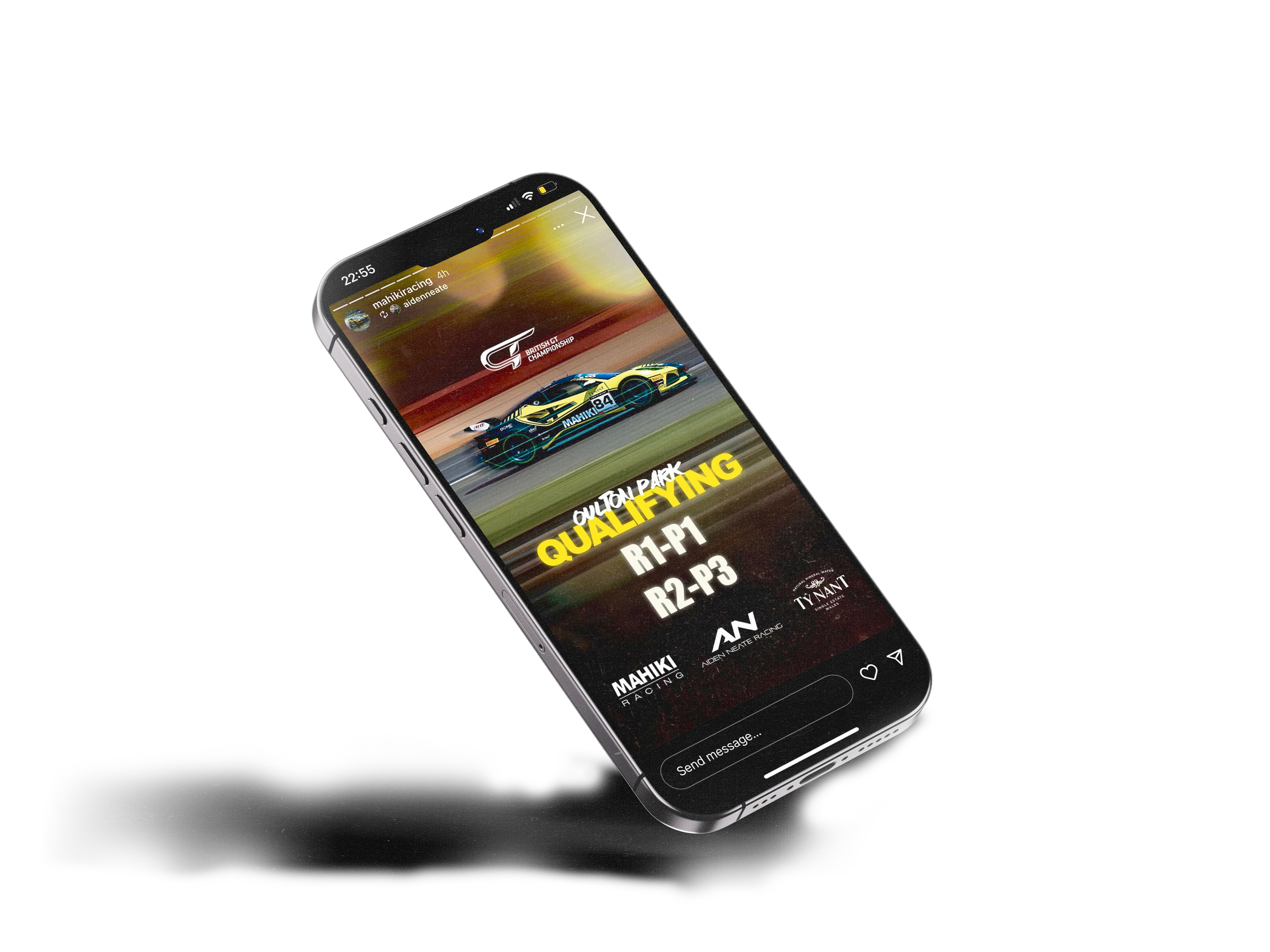 A smartphone displaying a race car theme with the word 'QUALIFYING' and the text 'Oulton Park' on the screen, along with racing event details and logos.