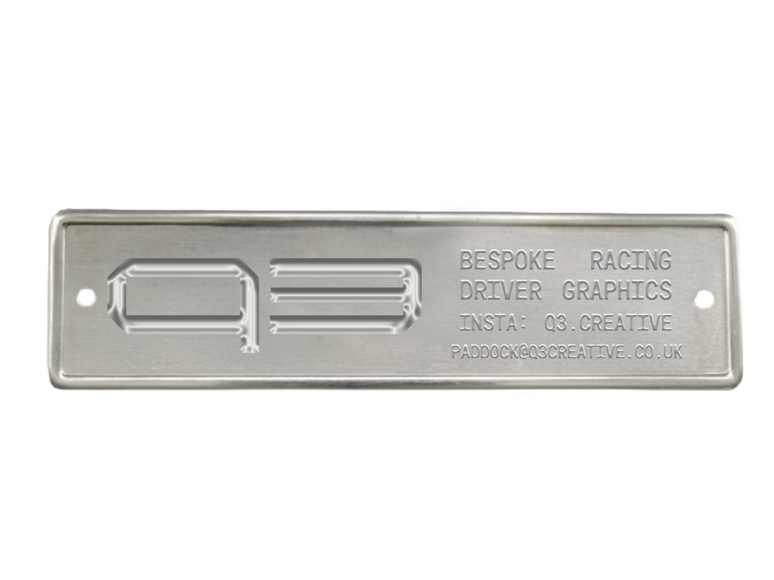 Silver device with engraved text including 'Bespoke Driver Graphics', 'INSTA: Q3.CREATIVE', and an email address, featuring a rectangular cutout and two mounting holes.