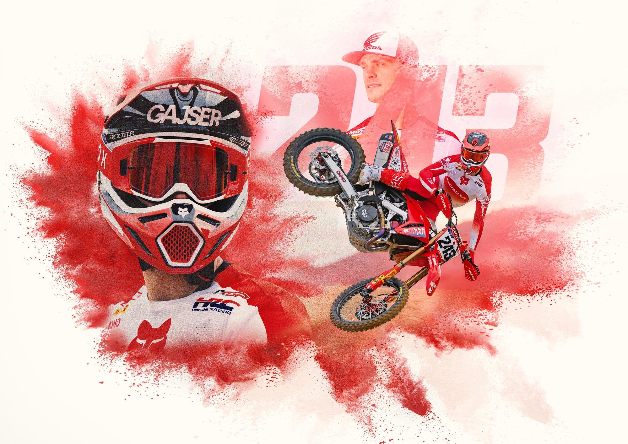 A collage featuring a motocross rider in red gear performing a jump on a red motorcycle, a large red and black motocross helmet with goggles, and a faded portrait of a man in the background. The background has red splashes and the number 23.