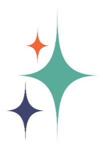 Four colorful stars in orange, teal, purple, and blue on a black background.