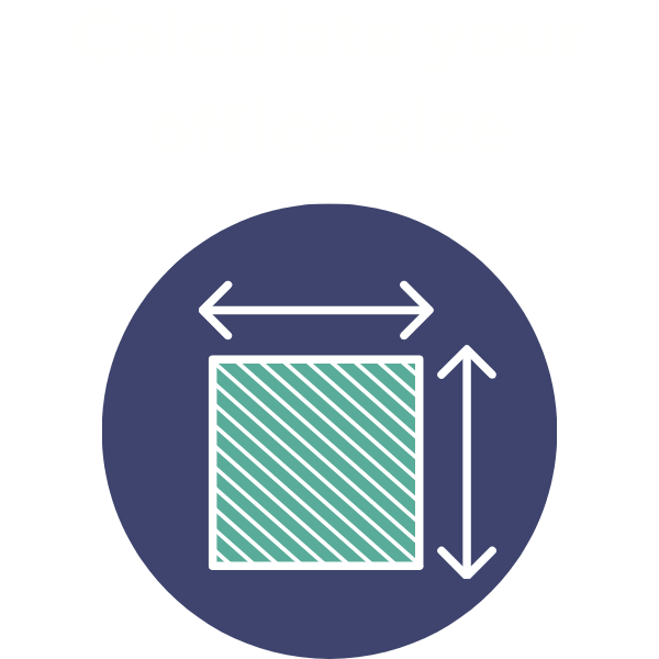 Graphic with text 'Calculate your office size' and an illustration of a rectangle with arrows indicating width and height.