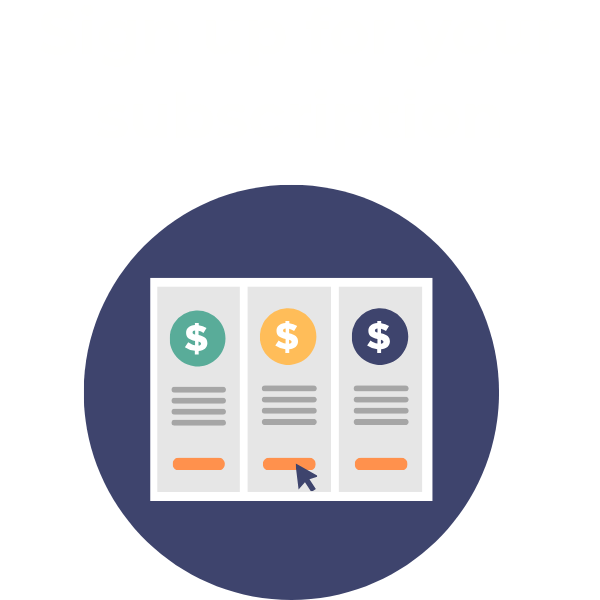 An illustration of three subscription plans with different prices, and a cursor pointing to the middle plan, below bold text that says "Sign up for your subscription."