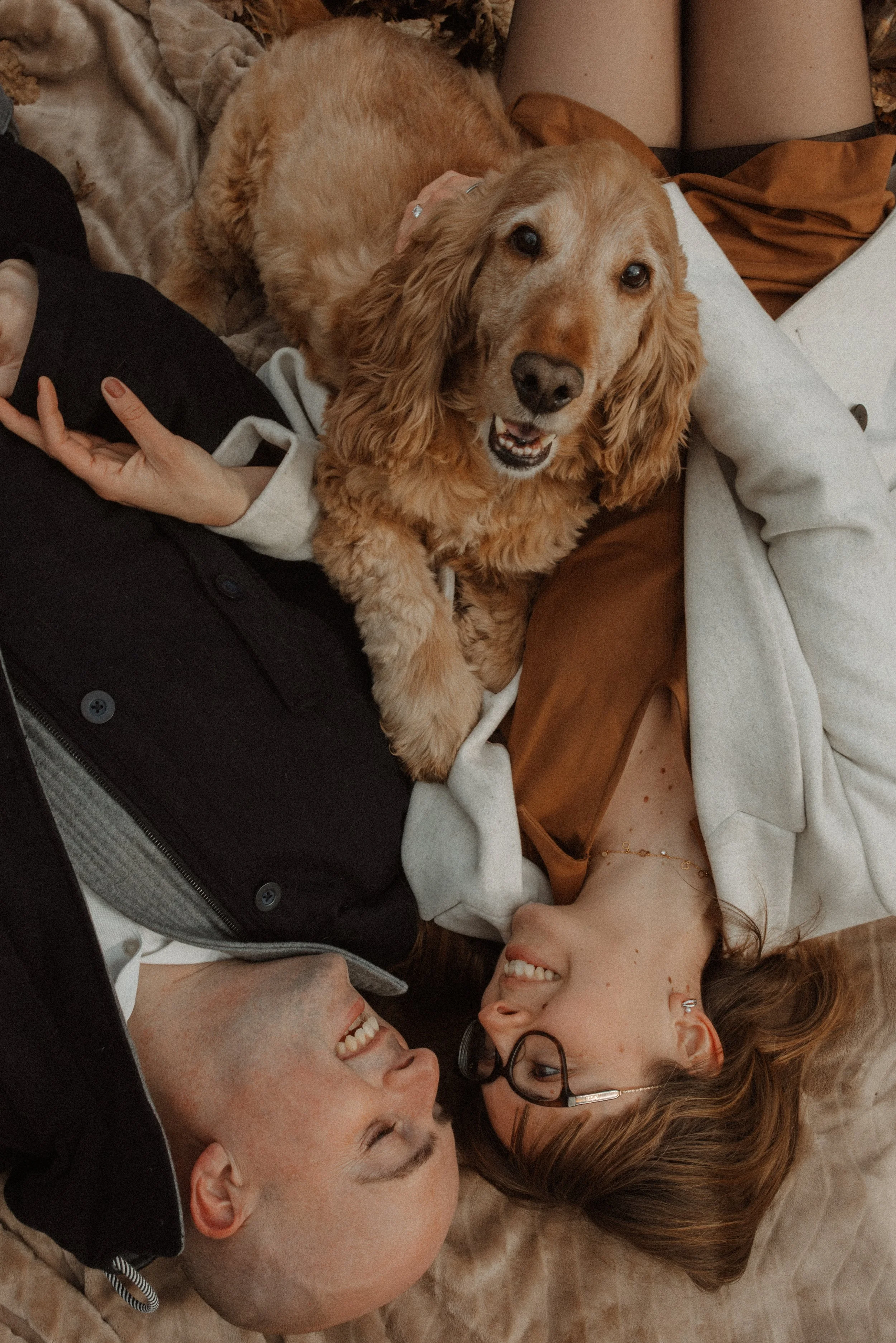 séance photo couple en extérieur, bois, couple avec chien