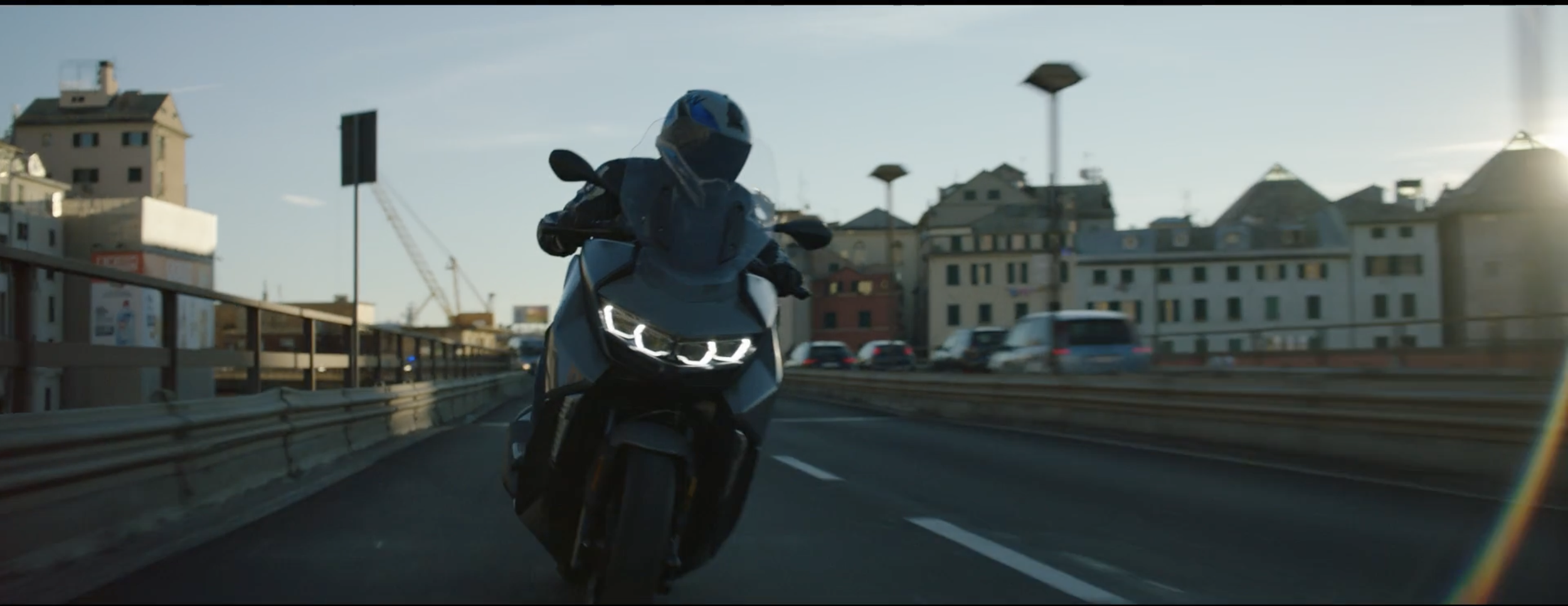 Stylish image of a man riding his motorbike in a BMW Motorrad commercial, filmed on location in Genoa, Italy, with cinematography by Callan Green ACS NZCS