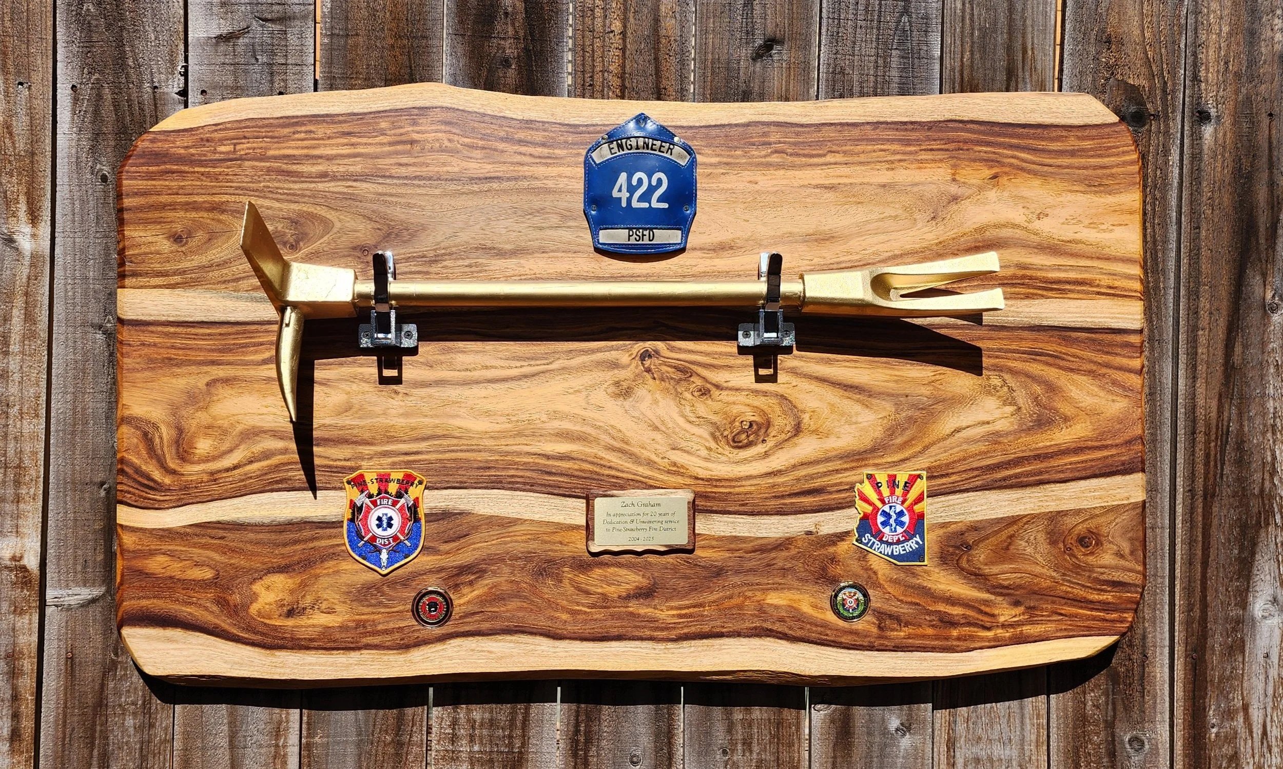 Arizona Indian Rosewood slabs complete, with natural oil finish.
For our retired Pine Strawberry Fire Department Chief. Gifted by the Crew
