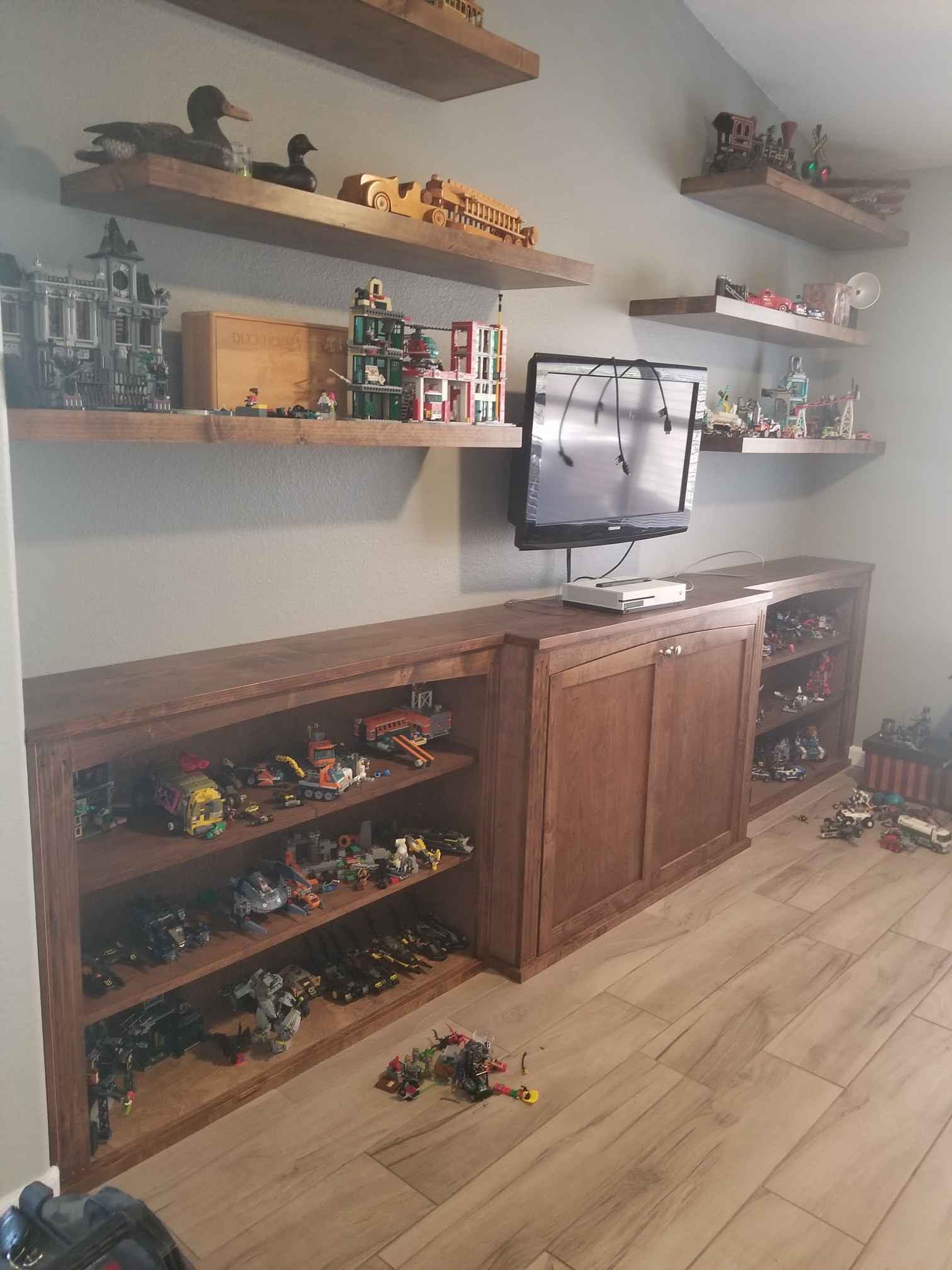Alder & Birch-Stained floating shelves and cabinet w/ adjustable shelves. Peoria, AZ