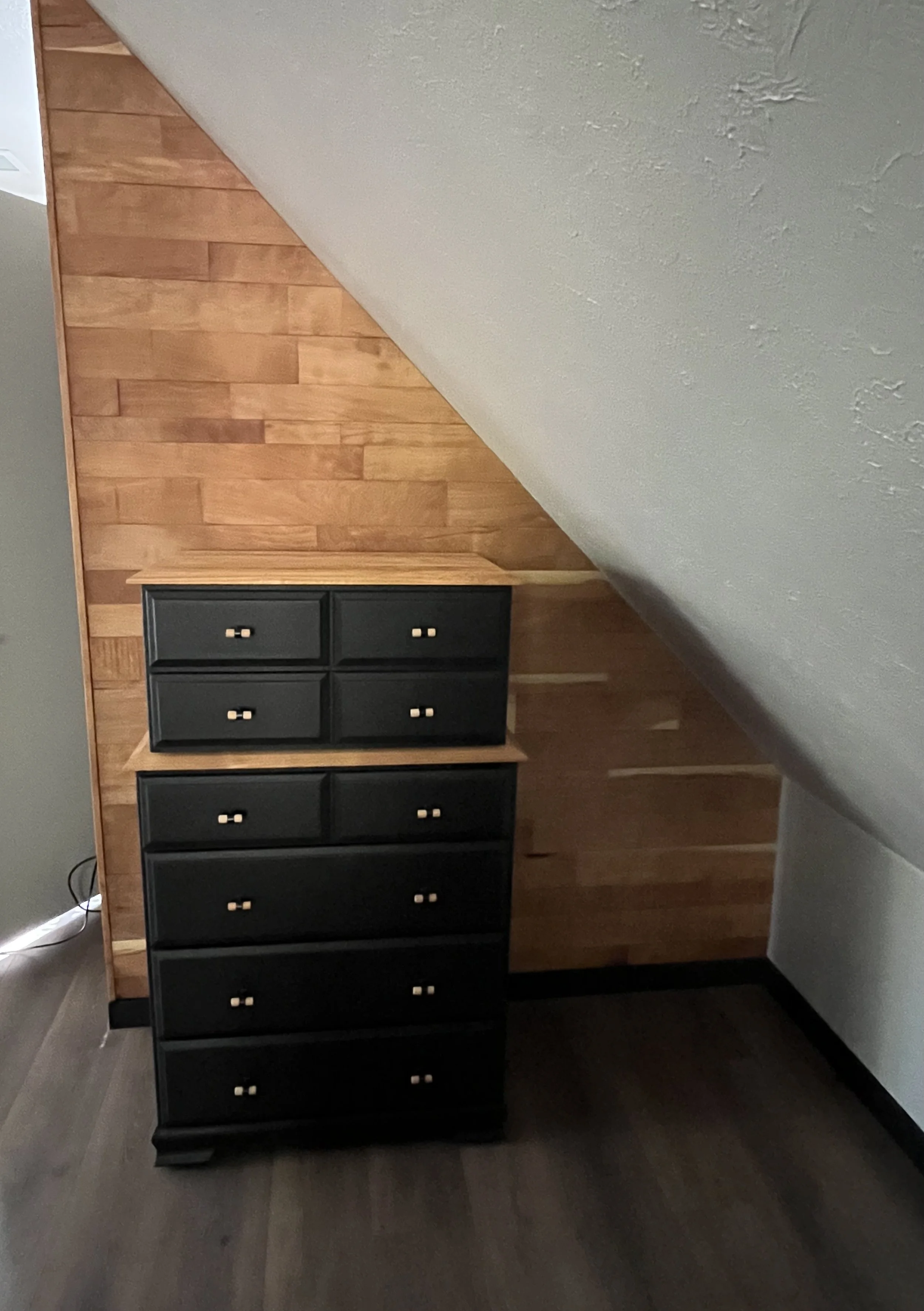Rough sawn Alligator Juniper pine accent wall w/ Linseed oil Finish. Repurposed and refinished dresser by Carolyn. Pine, AZ