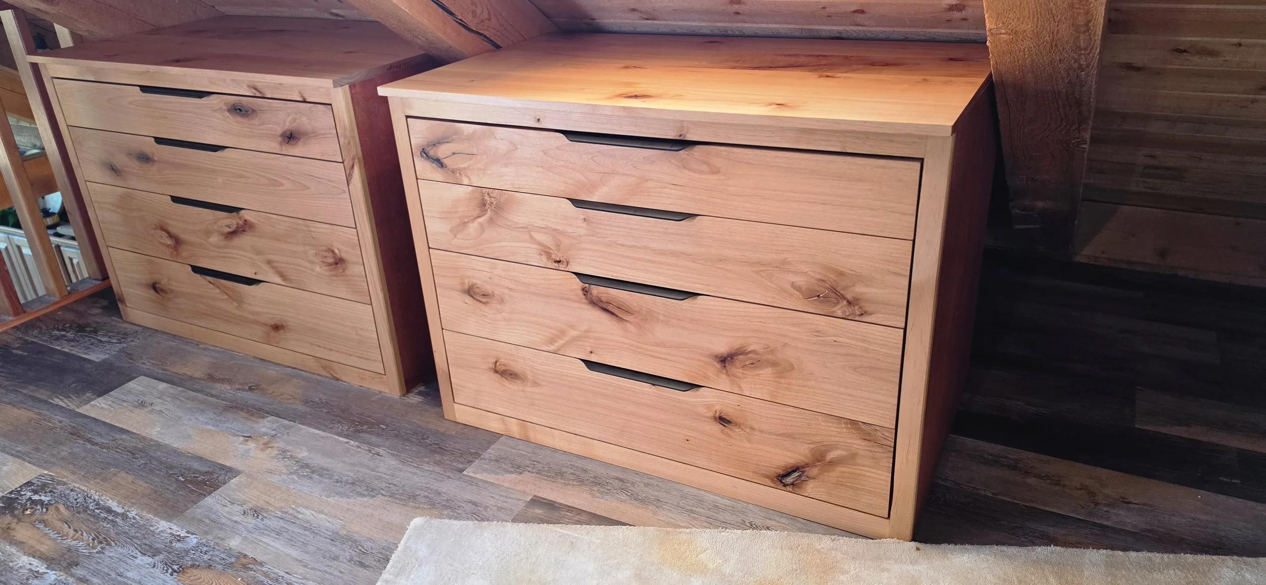 Knotty Alder dresser # 1 & 2 with birch stained cases and birch drawers with black pulls. Fit between the beams. Strawberry, AZ