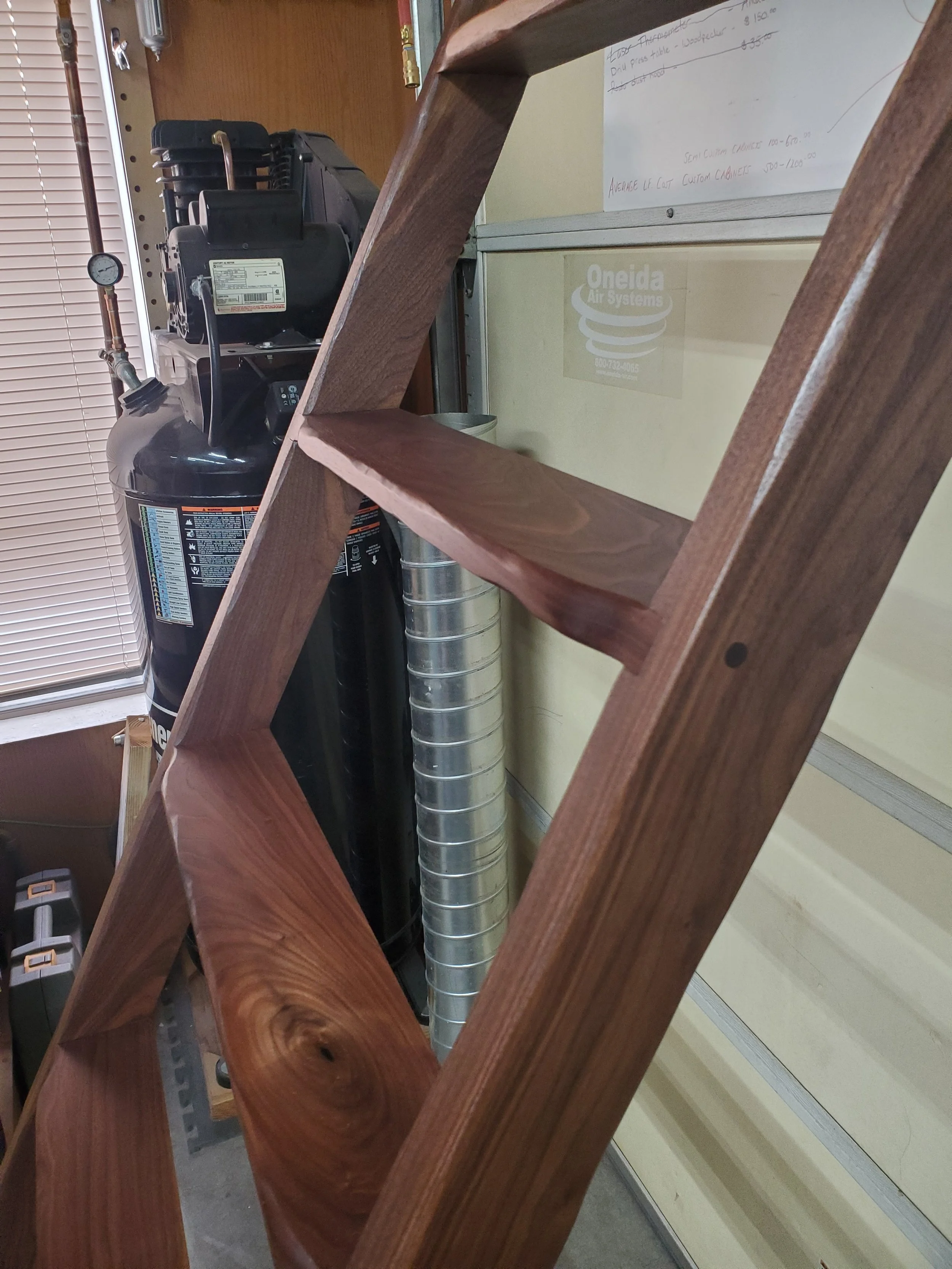 Walnut loft ladder per client specifications. Natural hardwax oil finish. Crafted for client install. Dewey, AZ