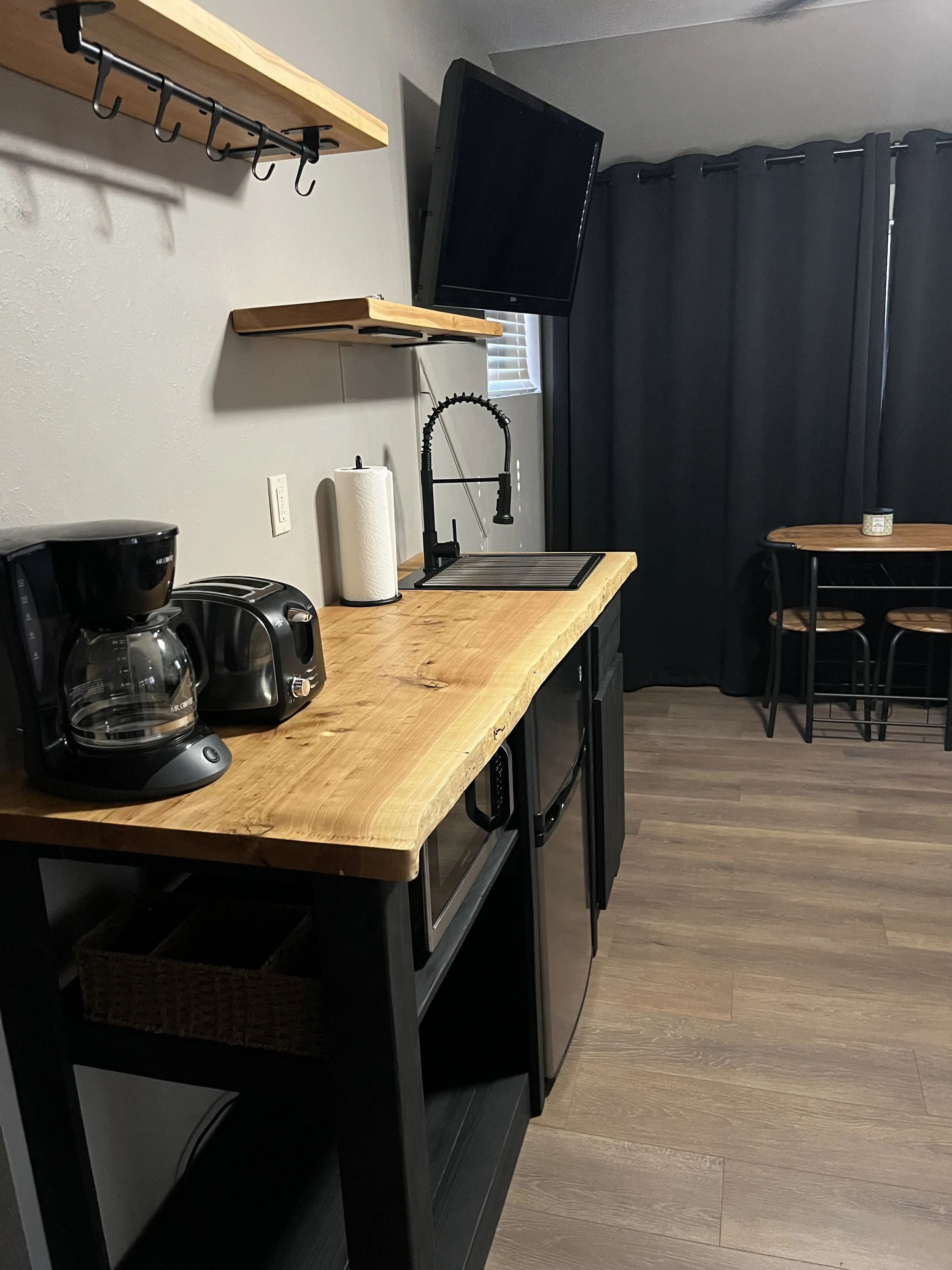 Alligator Juniper top & floating shelves & Painted pine kitchenet. Pine, AZ