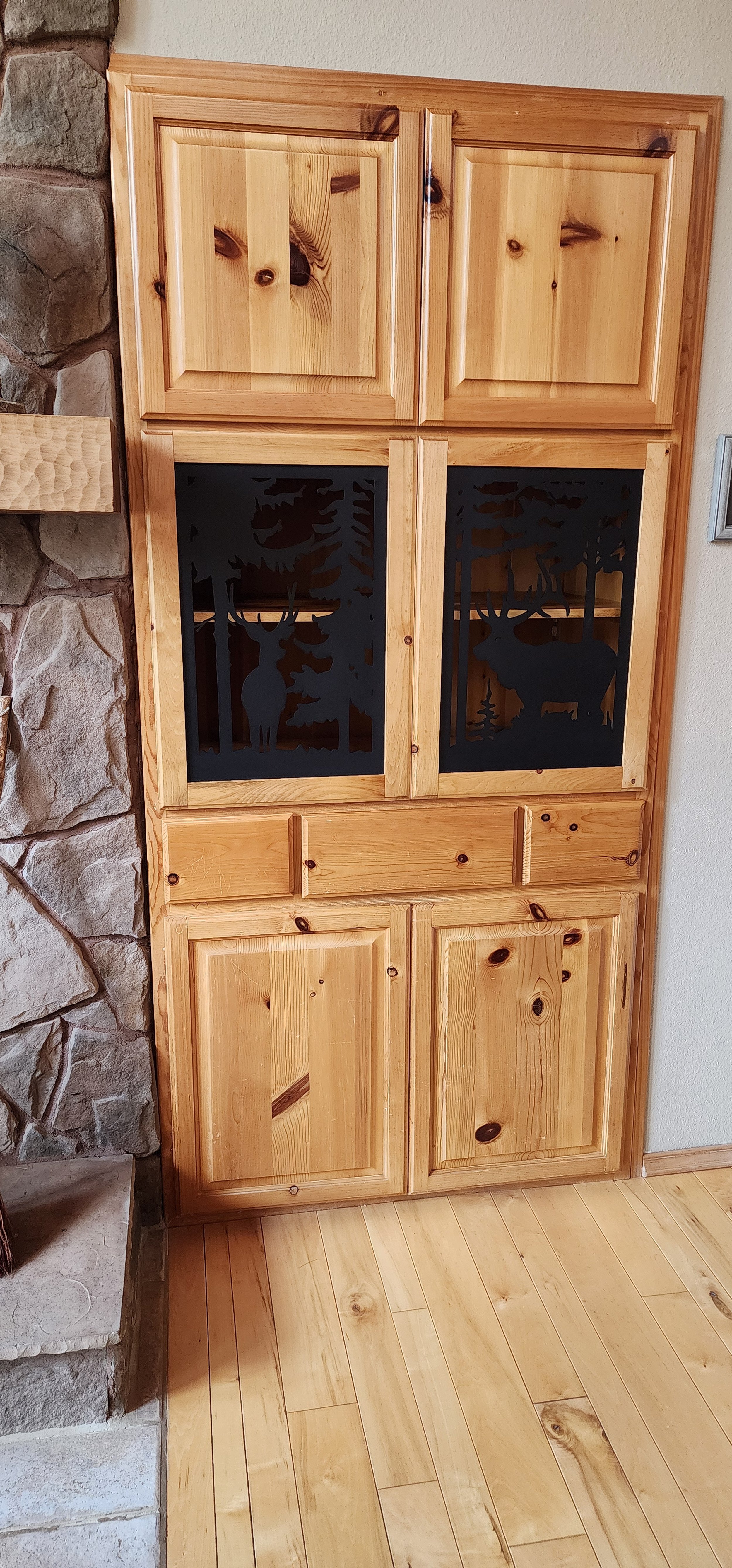 Sugar Pine Shelf & Doors with custom cut Lazer steel door panels finished to match existing built-in cabinet. Pine, AZ