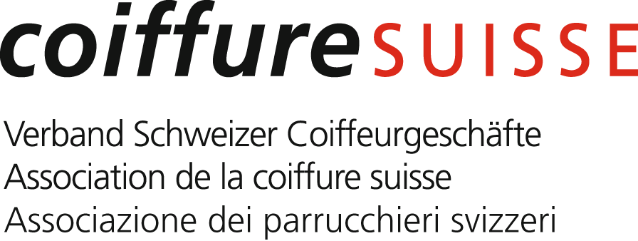 Text displaying 'coiffureSuisse' with 'coiffure' in black and 'SUISSE' in red, along with translations of 'Swiss Hairdressing Association' in German, French, Italian, and Romansh.