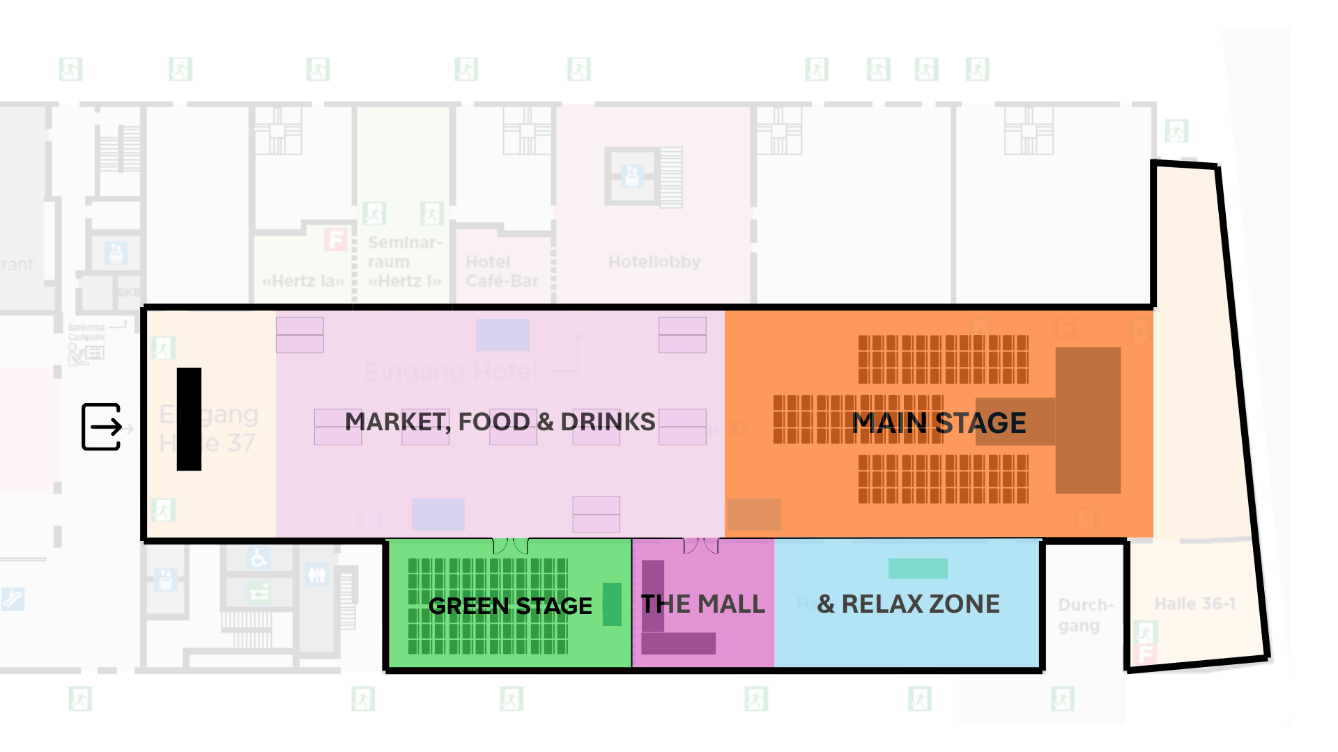 Floor plan of an event space with labeled areas: main stage in orange, market food and drinks in purple, green stage in green, the mall and relax zone in blue and purple, and entrances.