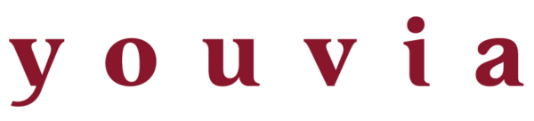 The image shows the word "youvia" written in lowercase, dark red or maroon-colored text on a black background.