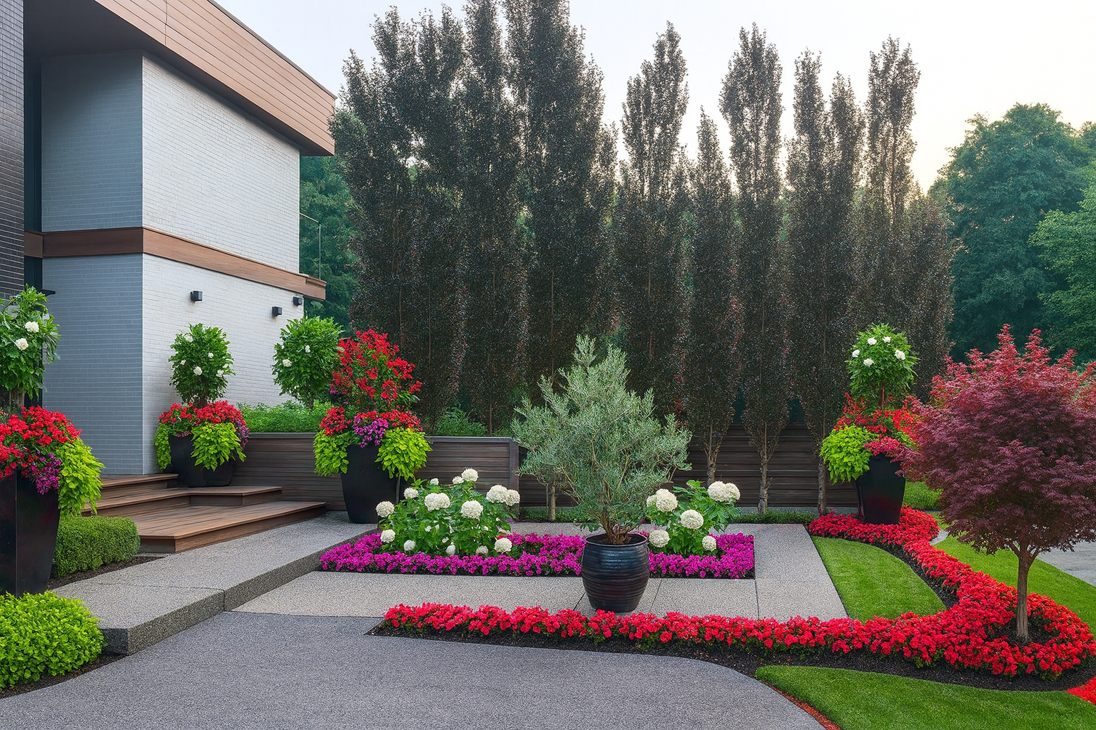 A modern house with a landscaped garden featuring various colorful flowers, potted plants, and neatly maintained shrubs and trees.