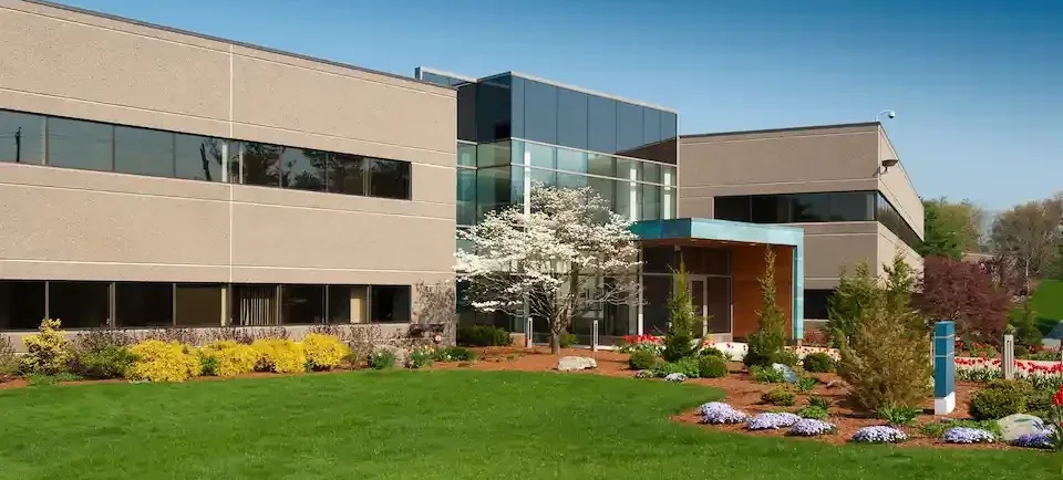 Modern office building with glass entrance surrounded by landscaped garden with flowering trees and shrubs.
