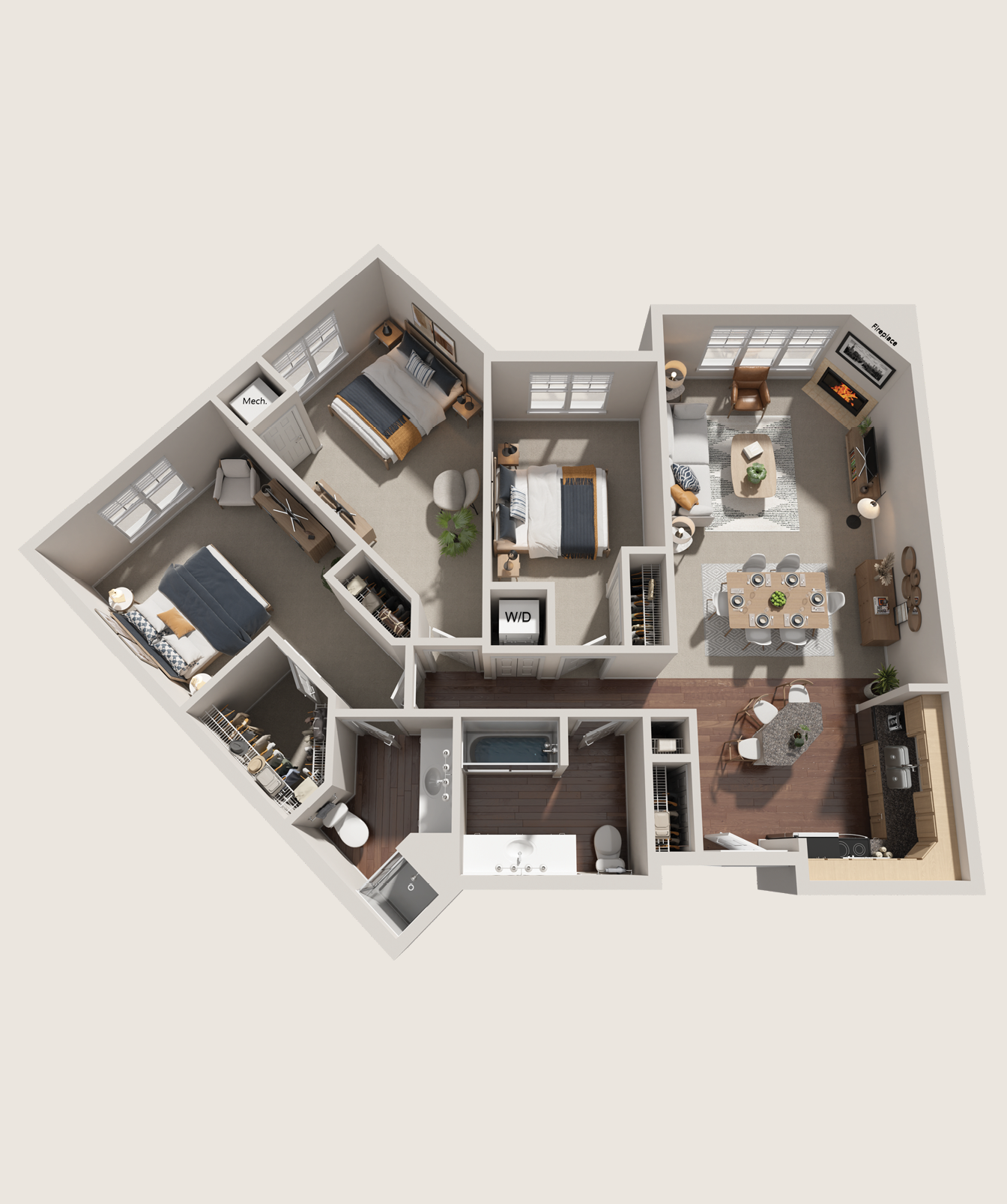3 bedroom apartment layout with living room, dining area, kitchen, bathroom, laundry area, and multiple bedrooms.